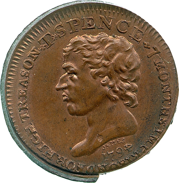 A side profile of Thomas Spence, minted with the phrase 
